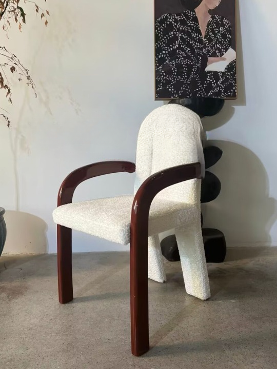 Cream Boucle Dining Chair with Curved Wood Arms, Upholstered Accent Armchair with Dark Brown Frame, Modern Vintage Dining Room Chair for Kitchen, Cafe, Study Desk, Bedroom, Living Room, and Small Spaces