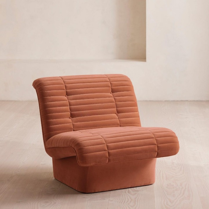 Armless Upholstered Lounge Chair, Channel Tufted Single Sofa Chair for Living Room, Bedroom, Hotel, Villa, Guest Room, Terracotta Fabric
