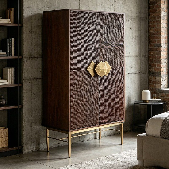 Walnut Brown Bar Cabinet with 2 Doors and Gold Metal Base