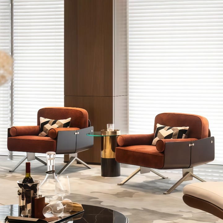 Burnt Orange Velvet Accent Chair with Metal Shell Frame, Modern Upholstered Lounge Armchair with Bolster Pillow, Swivel Style Statement Chair for Living Room, Bedroom, Office, Hotel Lounge and Reading Corner