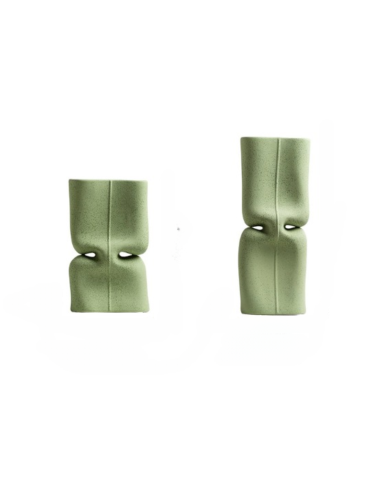 Set of 2 Light Green Ceramic Vases, Modern Sculptural Table Decor