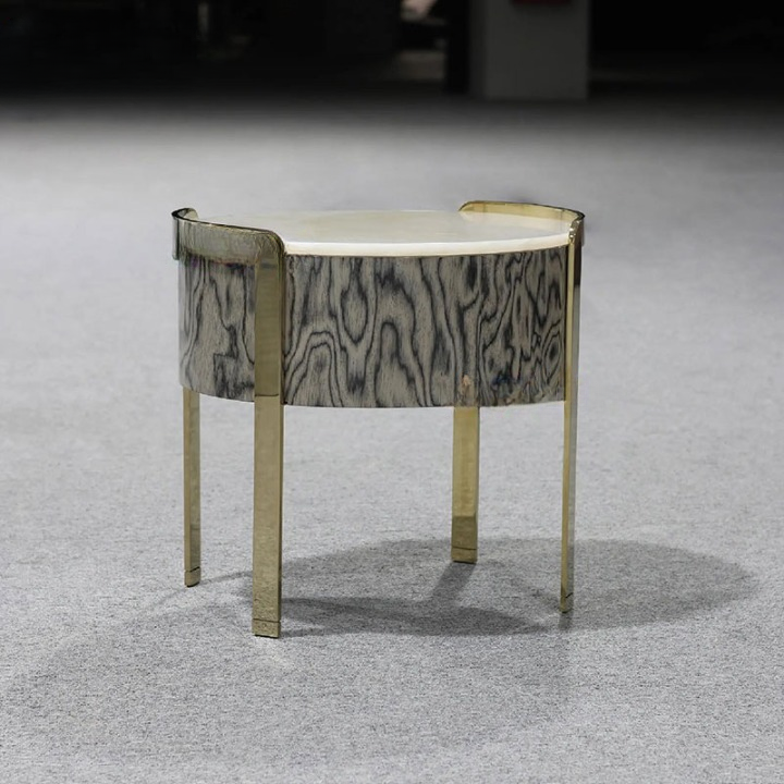 Gray Wood-Grain Round Nightstand with Artificial Marble Top, One-Drawer Curved Bedside Table with Gold-Tone Metal Frame and Crystal-Style Knob for Bedroom, Guest Room and Living Room