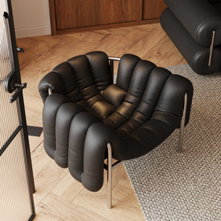 Black Faux Leather Accent Chair, Sculptural Channel-Tufted Lounge Chair with Deep Sling Seat and Black Stainless Steel Frame for Living Room, Bedroom, Office and Reading Nook