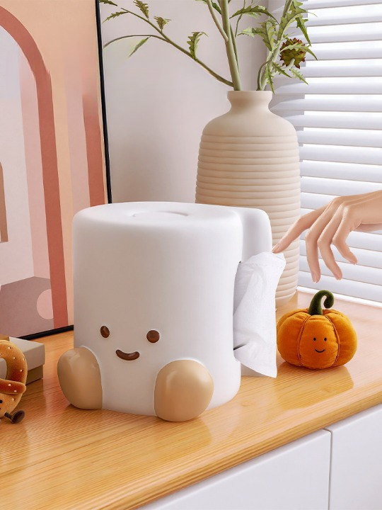 White and Beige Ceramic Character Tissue Box Holder, Cute Smiling Person-Shaped Facial Tissue Cover with Side Dispensing Opening for Living Room, Bedroom, Bathroom and Office Desk Decor