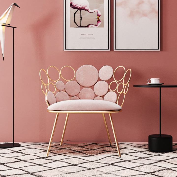 Pink Fabric Gold Metal Circle Back Accent Chair for Living Room