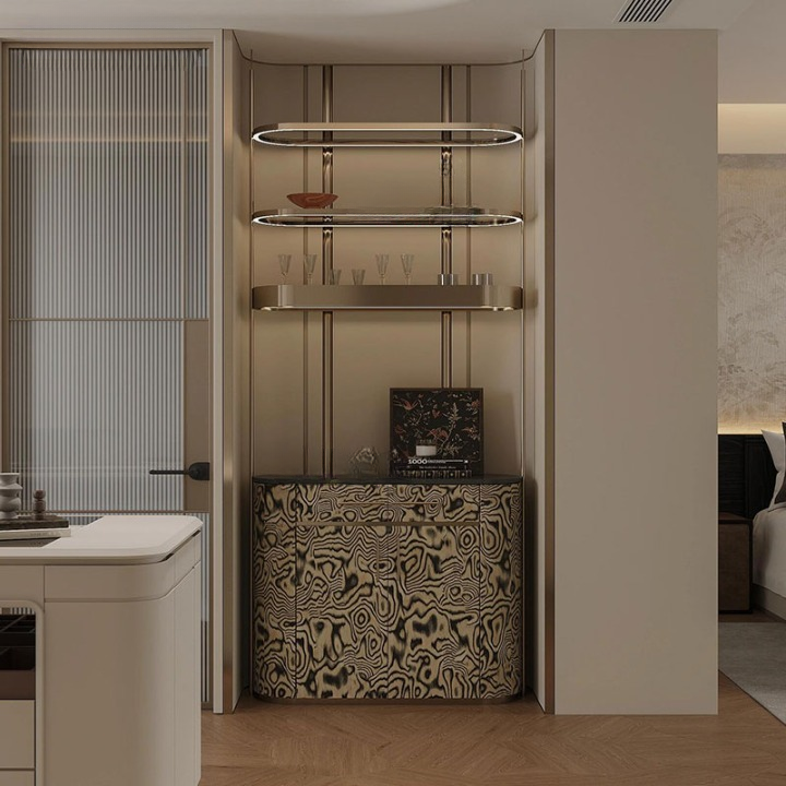 Black and Ivory Wood-Grain Bar Cabinet with Two Display Shelves, Champagne Gold Metal Frame, 4-Door Storage and 2 Drawers for Dining Room, Living Room, Hotel Suite and Coffee Station