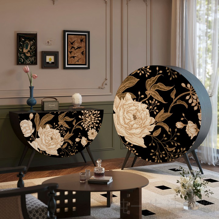 Round Floral Storage Cabinet, Black Solid Wood Accent Cabinet