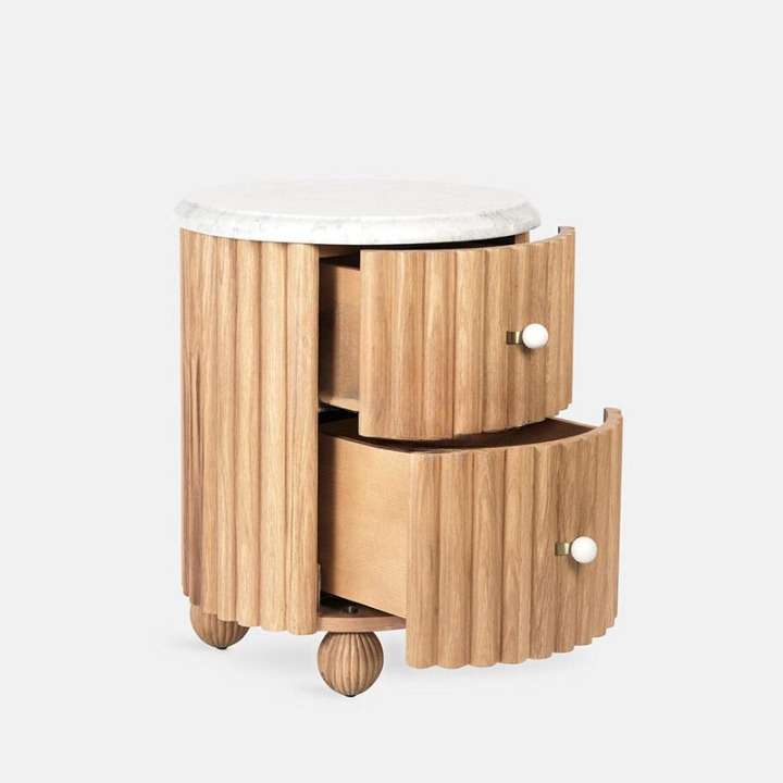 Natural Wood Fluted Round Nightstand with White Marble Top, 2 Drawer Bedside Table with Ball Feet, French Vintage Bedroom End Table for Living Room and Small Spaces