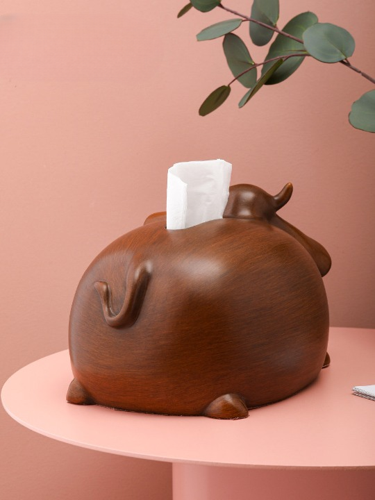 Cow-Shaped Tissue Box Cover, Wood Grain Decorative Facial Tissue Holder for Living Room, Bedroom, Office, Bathroom and Coffee Table, Brown