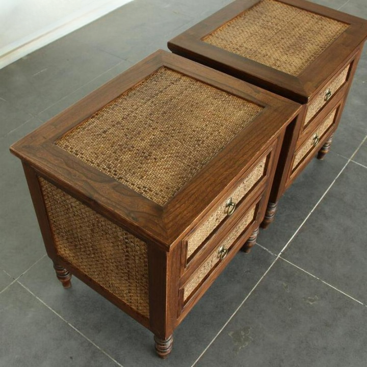 Solid Elm Wood Nightstand with 2 Rattan Drawer Fronts, Rustic Bedside Table with Turned Legs and Distressed Brown Finish for Bedroom, Guest Room or Living Room