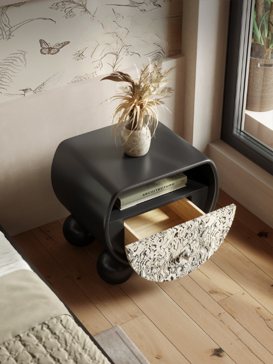 Black Round Nightstand with Drawer, Modern Bedside Table with Ball Feet, Compact Storage End Table with Open Shelf, Patterned Front Accent Cabinet for Bedroom, Living Room, Small Spaces