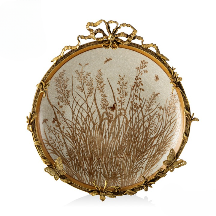 Botanical Ceramic Decorative Plate with Gold-Tone Metal Frame