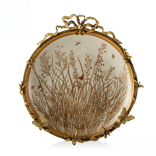 Botanical Ceramic Decorative Plate with Gold-Tone Metal Frame
