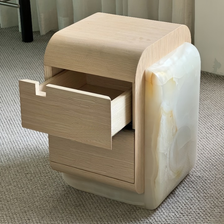 Natural Ash Wood Nightstand with White Marble Side Panels, 2-Drawer Rounded Bedside Table with Recessed Pulls, Wabi-Sabi Storage Cabinet for Bedroom and Guest Room