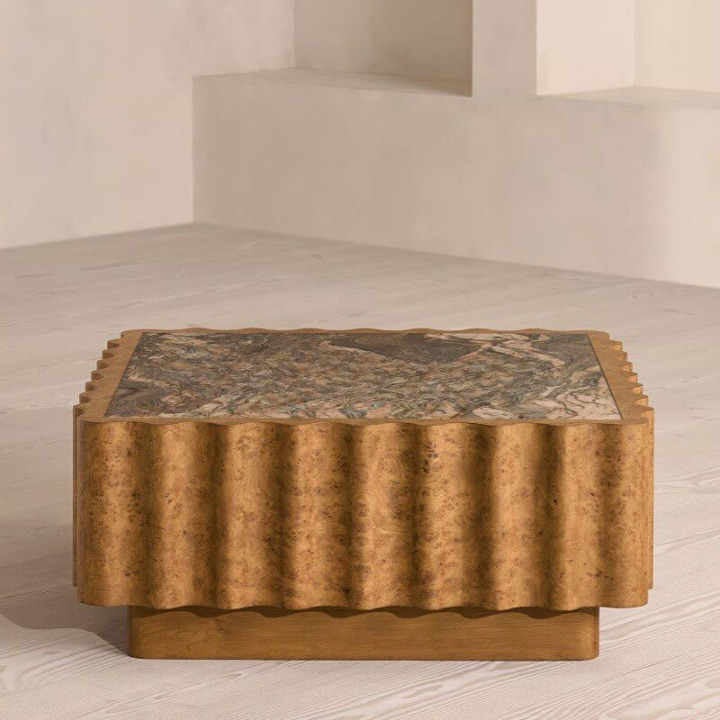 Square Marble Top Coffee Table, Solid Wood Carved Fluted Center Table for Living Room, Hotel Lounge, Villa, Modern Rustic Cocktail Table