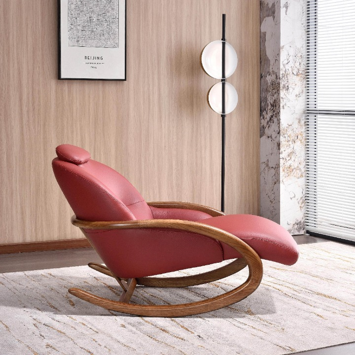 Burgundy Leather Rocking Lounge Chair with Wood Frame and Footrest