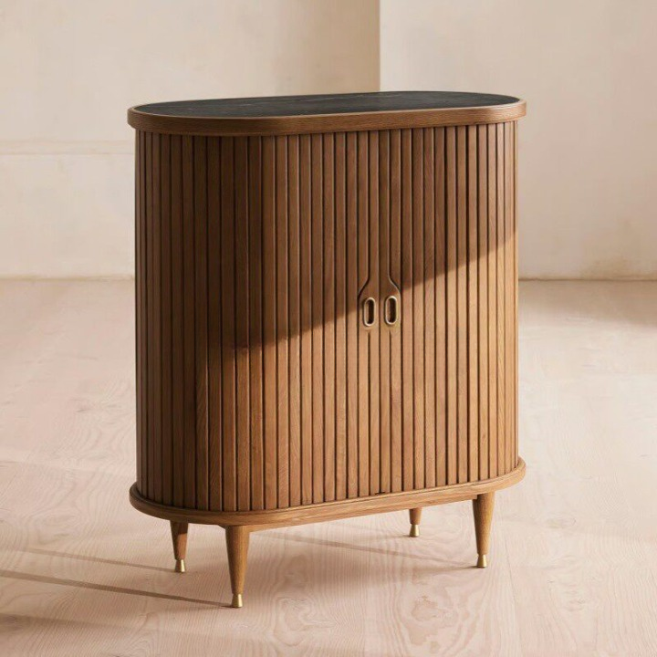 Solid Wood Fluted Bar Cabinet, Carved Sideboard Buffet Cabinet with Glassware Storage for Dining Room, Living Room, Home Bar, Hotel, Natural Wood Finish