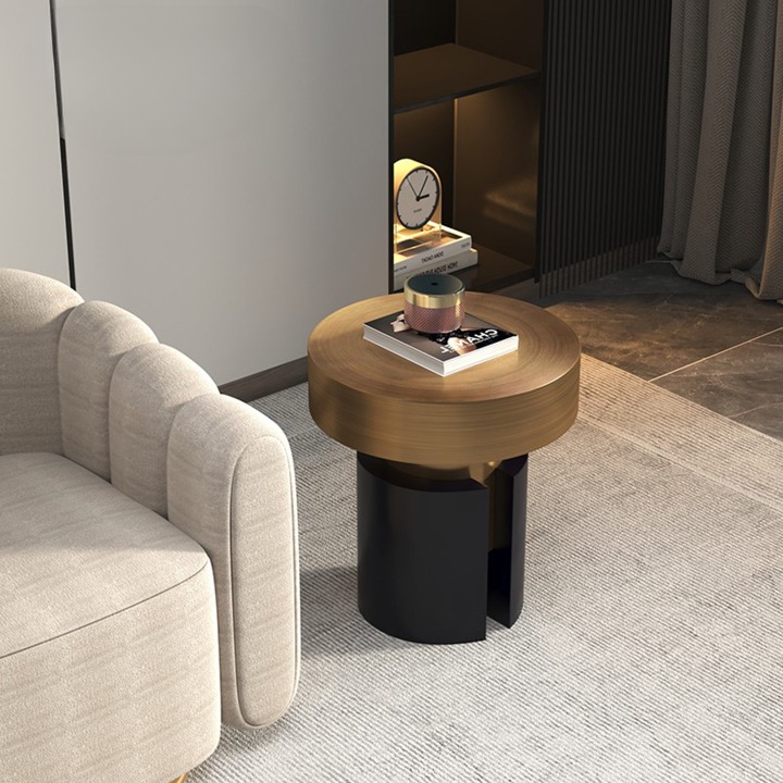 Round Stainless Steel Side Table, Brushed Antique Bronze Accent Table with Black Cylinder Base, Modern Metal End Table for Living Room, Sofa Side, Bedroom, Lounge