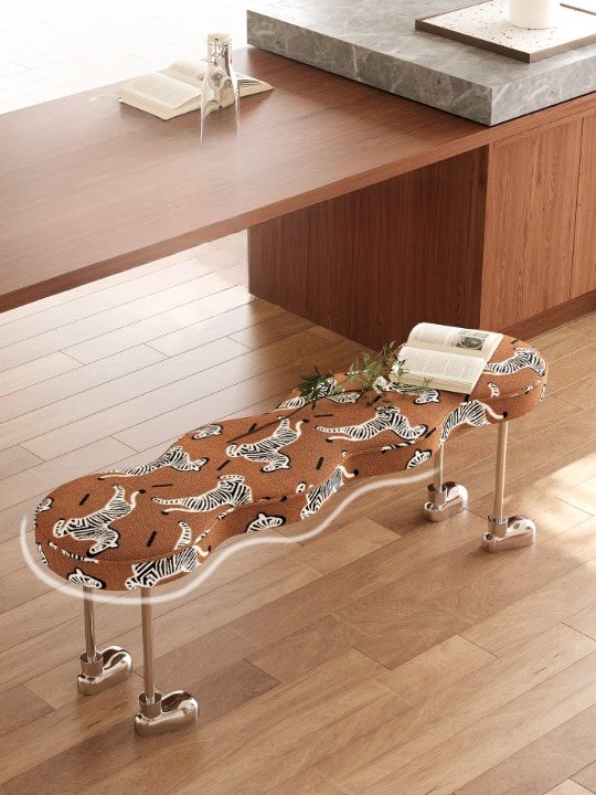 Zebra Print Upholstered Bench, Modern Entryway Bench with Chrome Tone Legs, Animal Pattern End of Bed Bench for Dining Room, Bedroom, Hallway, Kitchen Island, and Living Room