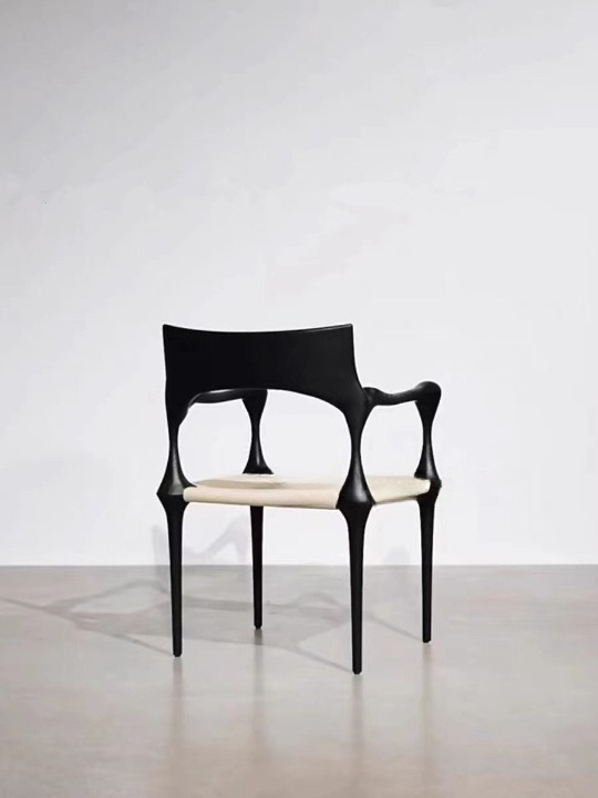 Black Sculptural Wood Dining Chair with Cane Seat, Modern Artistic Armchair, Solid Wood Accent Chair for Dining Room, Kitchen, Cafe, Reading Nook, and Designer Style Interiors