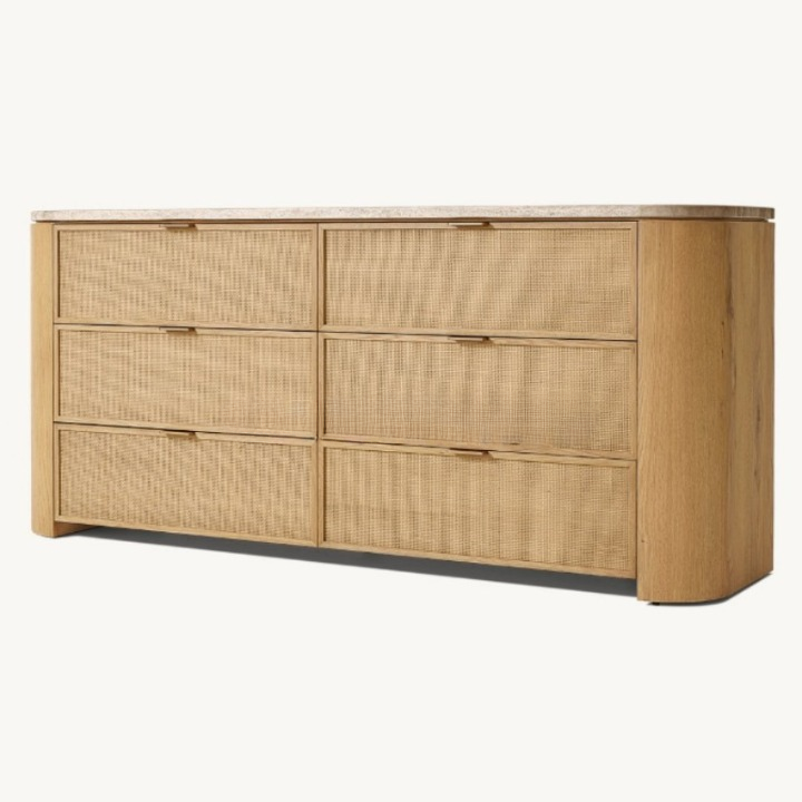 Rattan 6-Drawer Dresser with Travertine-Style Top, Wood Cane Storage Chest for Bedroom, Living Room, Hotel, Villa, Natural Finish