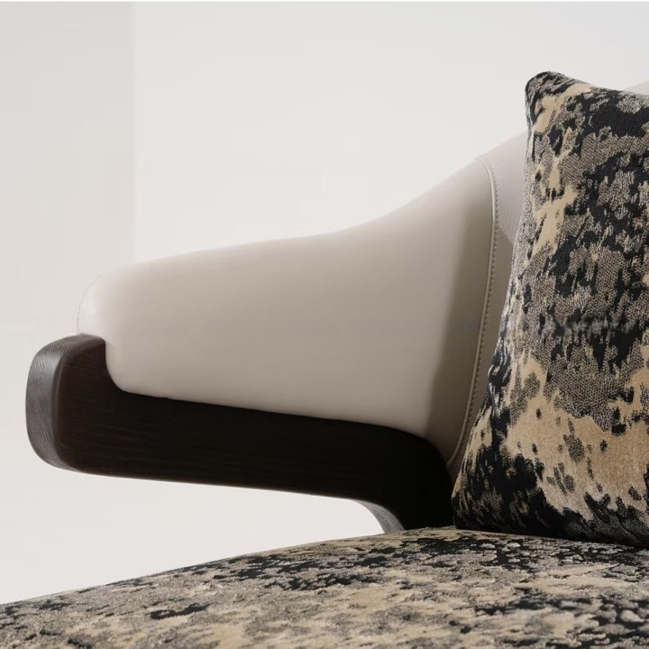 Modern Nordic Accent Chair, Solid Wood Frame Lounge Armchair with Abstract Pattern Upholstery and Lumbar Pillow, Luxury Single Sofa Chair for Living Room, Reception Area, Bedroom, Hotel Lobby and Reading Nook