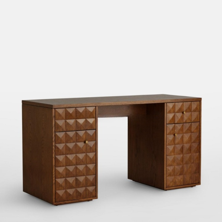 Solid Wood Writing Desk with Storage Drawers, Carved Geometric Home Office Desk, Vanity Table for Bedroom, Study Room, Hotel, Villa