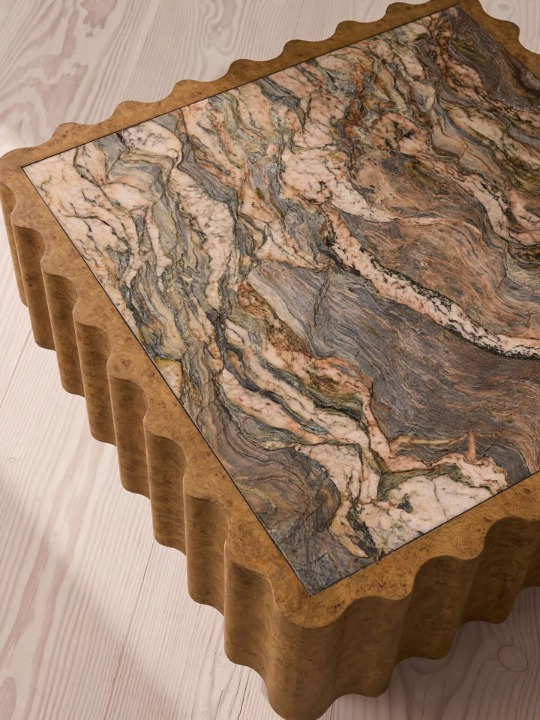 Square Burl Wood Coffee Table with Marble Inlay Top, Sculptural Fluted Wave Base and Recessed Plinth, French Vintage-Inspired Center Table for Living Room, Lounge and Sitting Area