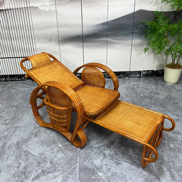 Natural Rattan Reclining Lounge Chair with Pull-Out Footrest