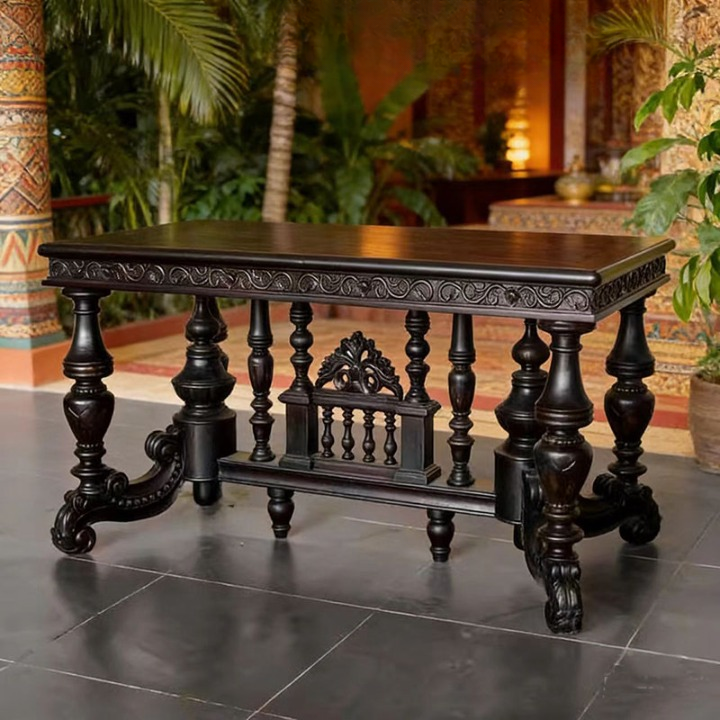 Hand-Carved Solid Elm Wood Dining Table, Rectangular Black Wood Table with Ornate Turned Legs and Decorative Stretcher Base for Dining Room, Study or Entryway
