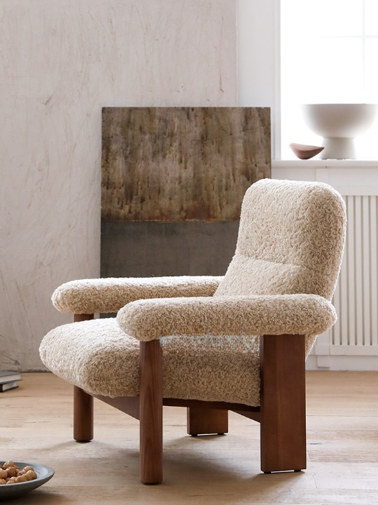 Cream Boucle Lounge Chair, Wood Frame with Wide Padded Arms