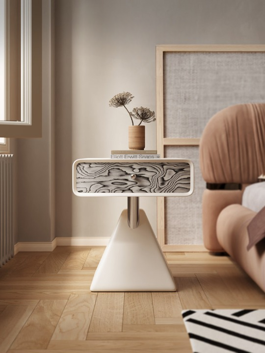 Cream White Sculptural Nightstand, Modern Bedside Table with Drawer and Pyramid Base, Compact Accent Storage Cabinet for Bedroom, Guest Room, Apartment, Dorm, and Small Spaces