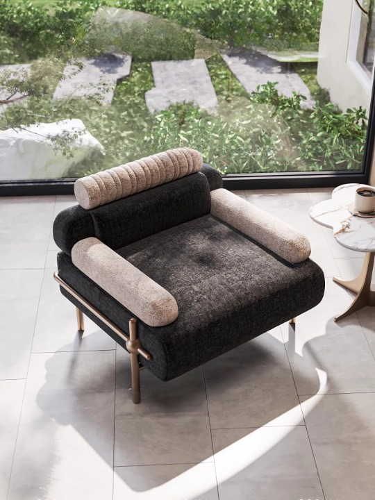 Modern Oversized Upholstered Accent Chair, Black and Beige Lounge Armchair with Bolster Back Pillow, Deep Seat Single Sofa Chair for Living Room, Bedroom, Reading Nook, Balcony, Antique Brass Tone Metal Frame