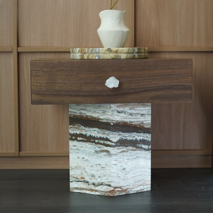 Walnut Nightstand with Natural Stone Pedestal Base, Modern Minimalist Bedside Table with Drawer, Rectangular Wood Storage Cabinet, Bedroom Side Table for Bedside, Living Room, Lounge