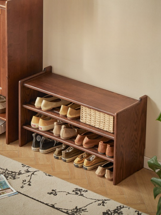 Solid Ash Wood Shoe Storage Bench with Removable Cushion, 3-Tier Entryway Shoe Rack