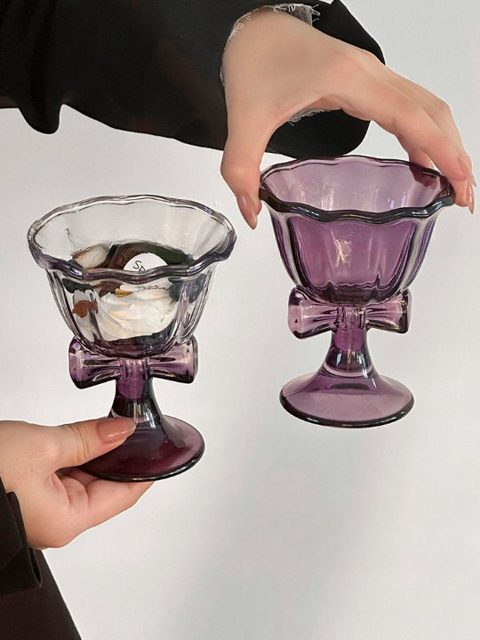 Bow Stem Dessert Cups Set of 2, Purple and Clear Footed Glass Bowls with Scalloped Rims for Ice Cream, Sundaes, Fruit, Parfaits, Pudding and Party Drinks