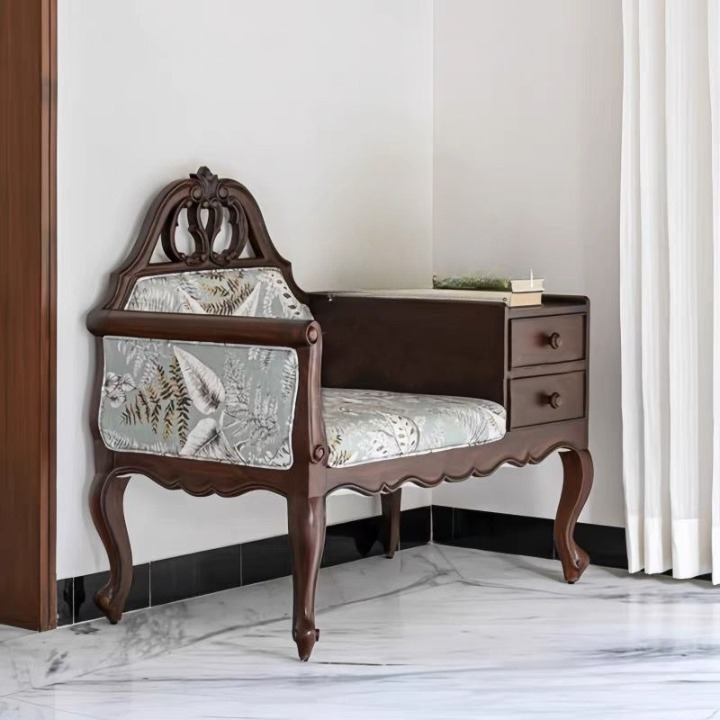 Brown Wood Gossip Bench with Drawers and Floral Upholstery