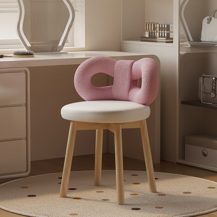 Pink 360° Swivel Vanity Chair with Bow Backrest, Sherpa Upholstered Makeup Stool with Padded Leather-Look Seat and Solid Wood Legs for Bedroom or Dressing Room