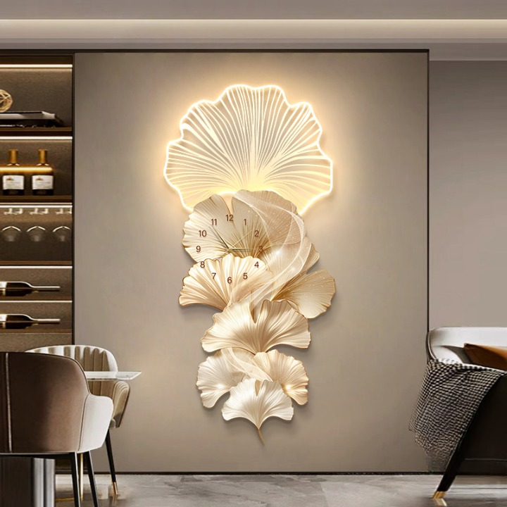 Modern Ginkgo Leaf Wall Clock 19 x 39 Inch, 3D LED Lighted Gold Wall Art