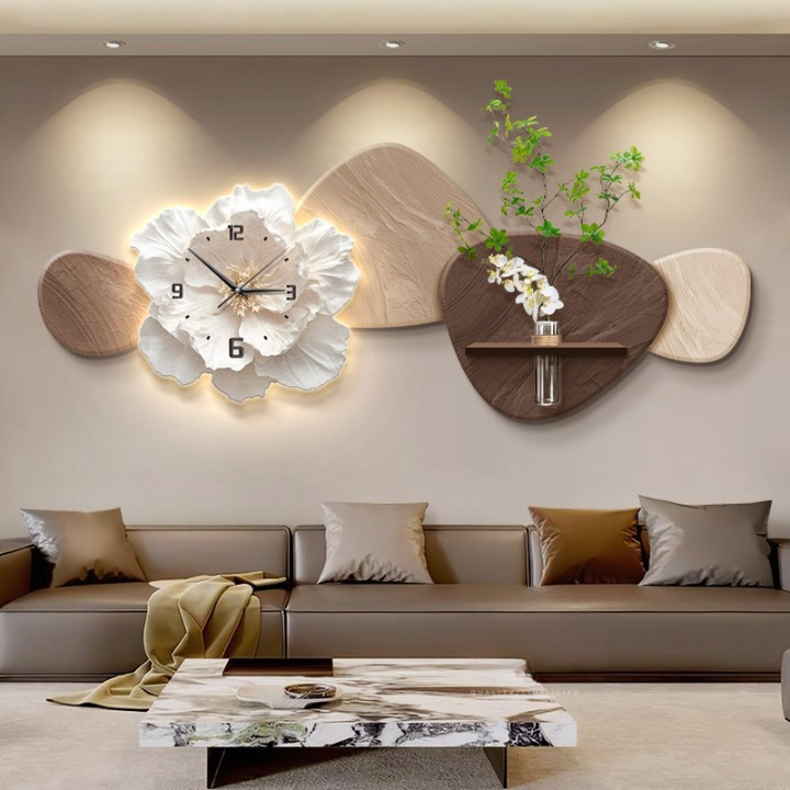 Modern Floral Wall Clock 39 x 15 Inch, 3D Flower Wall Art with Vase and LED Light