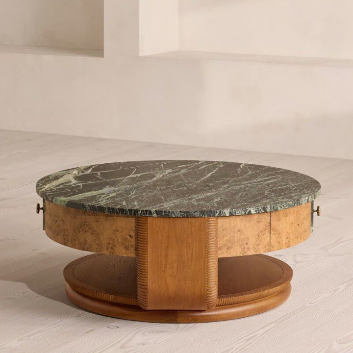 Round Marble Top Coffee Table, Solid Wood Carved Center Table with Lower Shelf for Living Room, Villa, Hotel Lounge, Vintage Cocktail Table