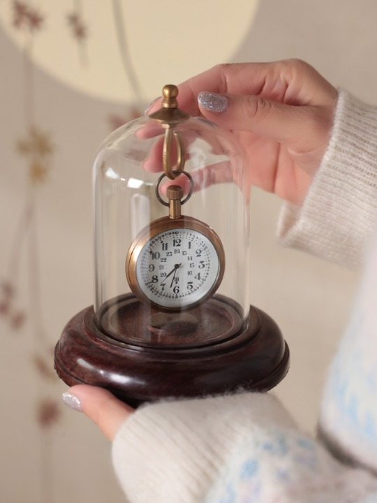 Vintage Pocket Watch Table Clock with Glass Dome and Wood Base