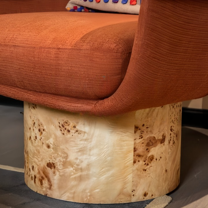 Orange Upholstered Swivel Accent Chair with Burl Wood Pedestal Base