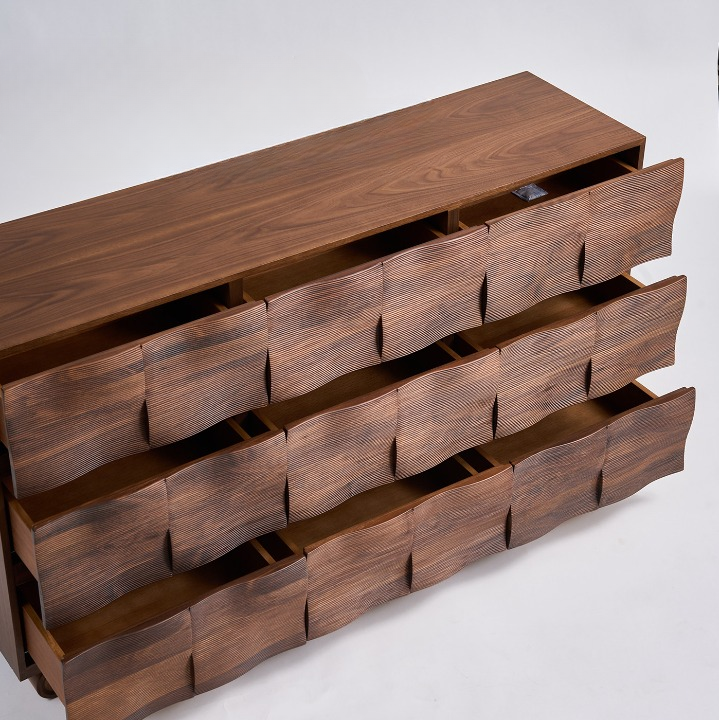 Walnut Ribbed Sideboard Cabinet, Modern Wood Storage Credenza, Textured Multi Drawer Dresser Cabinet, Living Room Buffet Cabinet, Dining Room Console and Entryway Storage