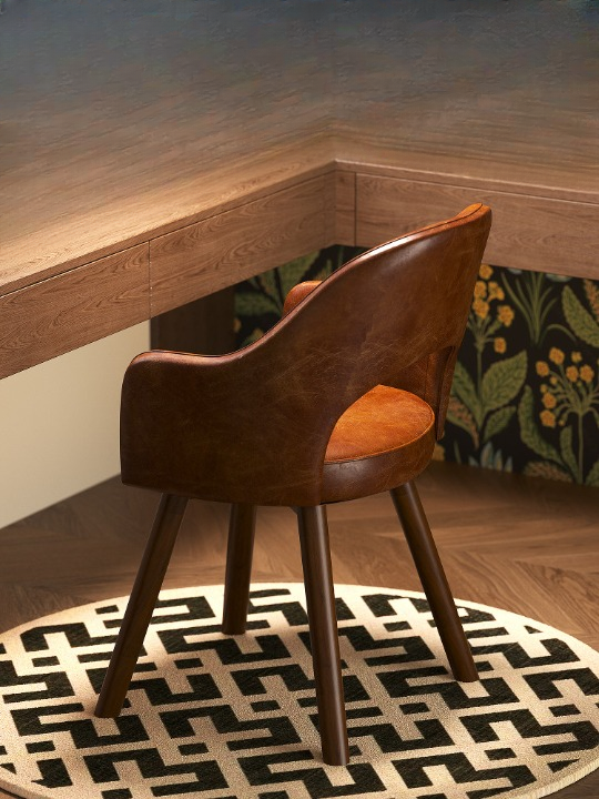 Brown Faux Leather Swivel Vanity Chair with Wood Legs and Open Back