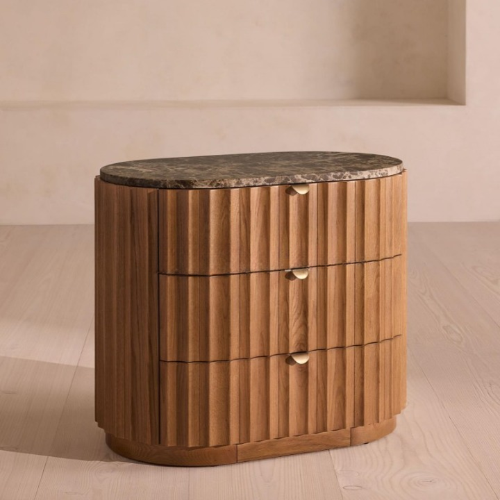 Marble Top Fluted Wood Nightstand, 3-Drawer Bedside Cabinet for Bedroom, Guest Room, Villa, Hotel, Sofa Side Table, Natural Brown