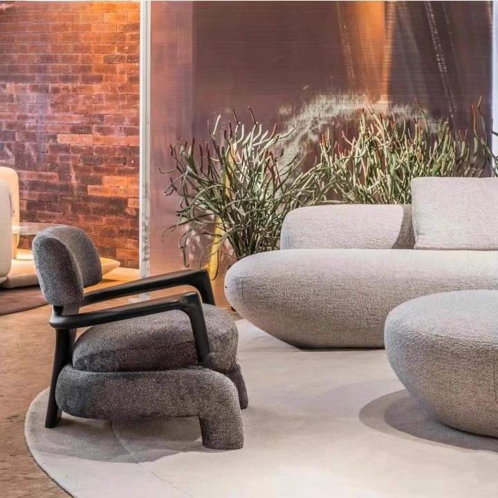 Nordic Modern Accent Chair, Brown Upholstered Lounge Armchair with Black Sculptural Frame, Low Profile Single Sofa Chair for Living Room, Bedroom, Hotel, Reading Nook and Reception Area