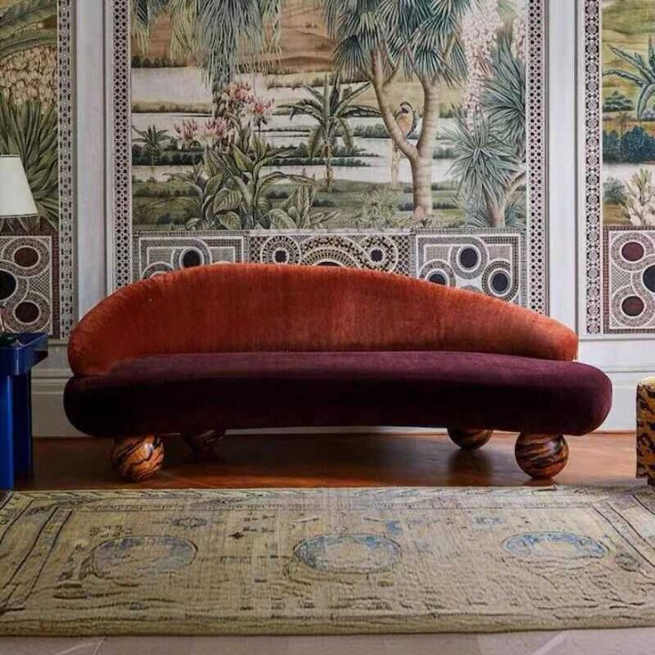 Curved Velvet Sofa, Burgundy Lounge Couch with Crescent Back