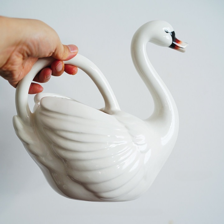 White Ceramic Swan Vase Pitcher, 40.6 oz Decorative Flower Holder with Handle