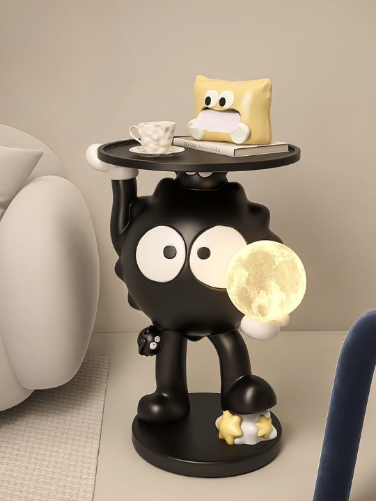 Black Resin Cartoon Character Floor Lamp Side Table with Round Wood Tray and Illuminated Moon Globe, Sculptural Bedside End Table for Living Room and Bedroom